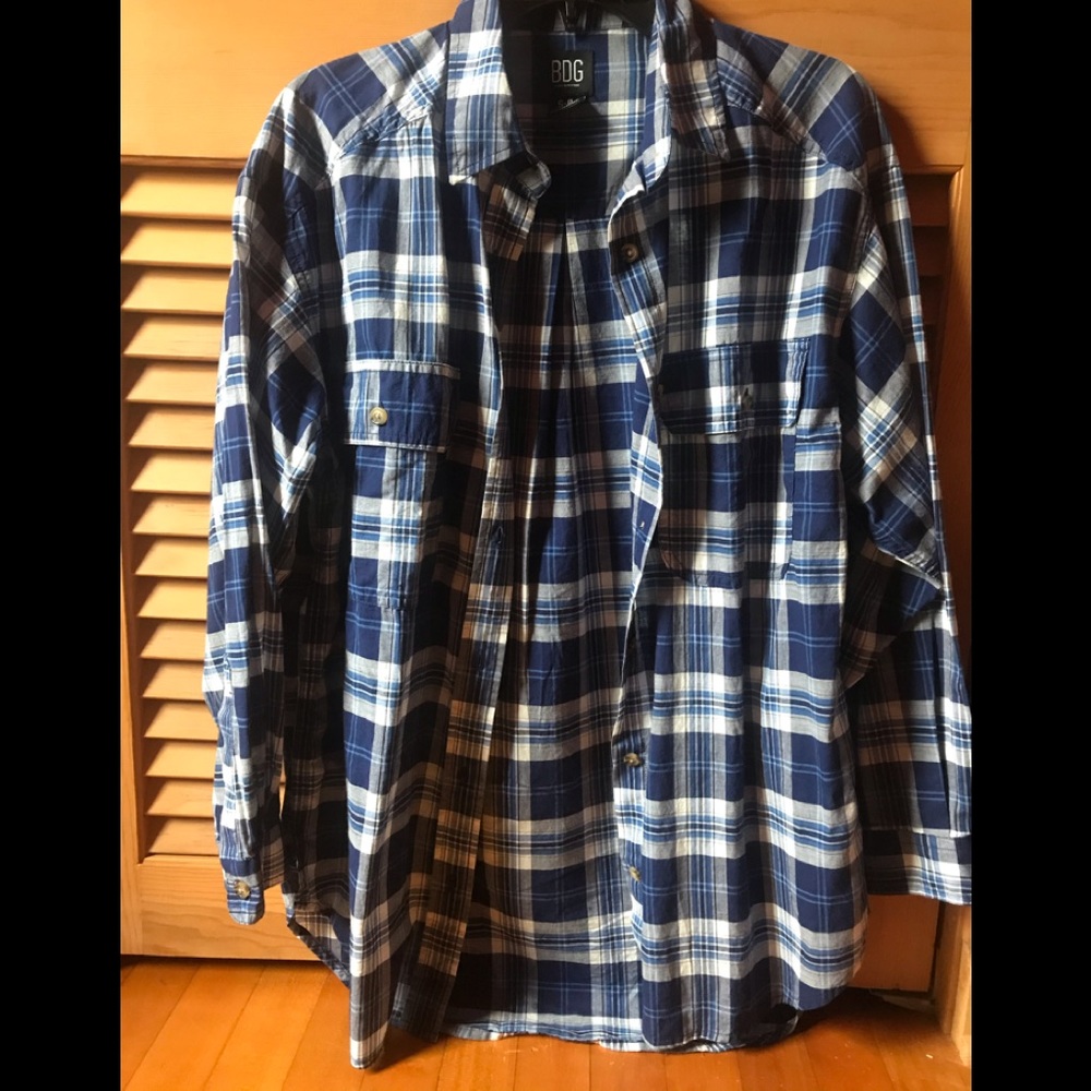 BDG Oversized Blue and White Plaid Flannel Shirt S